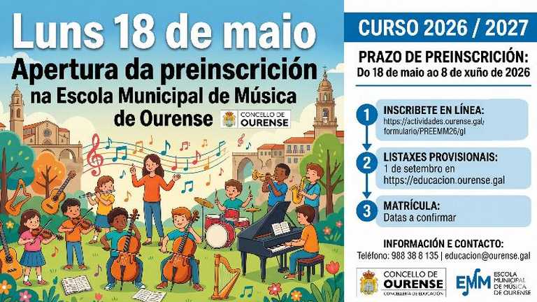 O Concello abrirá o luns 18 de maio o prazo de preinscrición na Escola Municipal de Música de Ourense